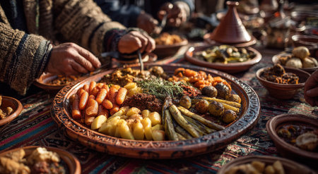 Diverse hands are serving traditional dishes from a large platter, showcasing vibrant vegetables and spices, creating a warm and inviting communal dining atmosphereの素材
