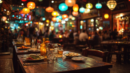 Restaurant scene featuring wooden tables adorned with dishes and drinks, surrounded by colorful lanterns, creating a lively ambiance for dining experiencesの素材
