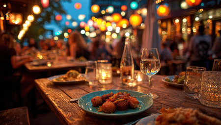 Vibrant evening dining scene with colorful lanterns, rustic wooden table set with gourmet dishes and glasses, creating a warm and inviting ambiance for social gatheringsの素材