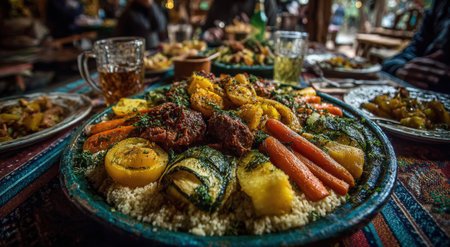 Traditional dish showcasing couscous, assorted vegetables, and meat, artfully arranged on a vibrant table, evoking a sense of community and culinary delightの素材