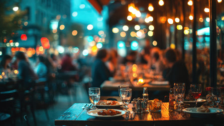Outdoor dining setup at night featuring beautifully arranged tables with plates and glasses, illuminated by string lights, creating a vibrant and inviting atmosphere for dinersの素材