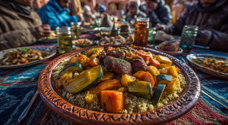 Traditional Moroccan couscous dish with vegetables and meat, served in a decorative plate, surrounded by diners enjoying a communal meal in a lively outdoor atmosphereの素材