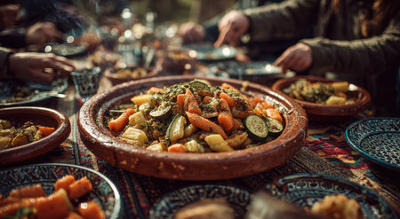 Vibrant plate of roasted vegetables and couscous, shared among friends at a communal table, showcasing rich textures and warm atmosphere of togethernessの素材