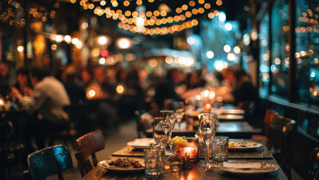 Warmly lit restaurant scene featuring beautifully arranged tables with glassware and candles, inviting guests to enjoy a delightful dining experience in a cozy ambianceの素材