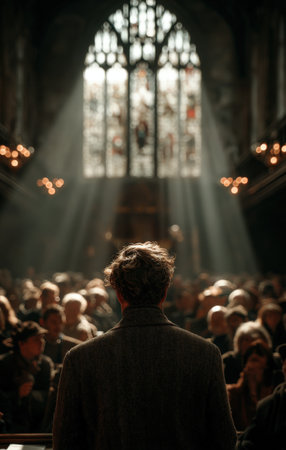 Person addresses an attentive crowd in a majestic hall, with sunlight filtering through stained glass, enhancing the ambiance of the moment and fostering connectionの素材
