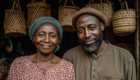 Smiling African American couple stands together in front of handmade woven baskets, highlighting their connection to craftsmanship and community in a lively market atmosphereの素材