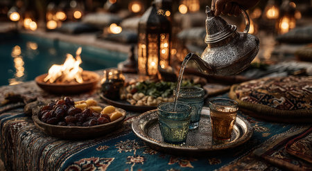 Moroccan tea ceremony features ornate teapot pouring into decorative glasses, surrounded by vibrant fruits and snacks, evoking a cozy and inviting ambianceの素材
