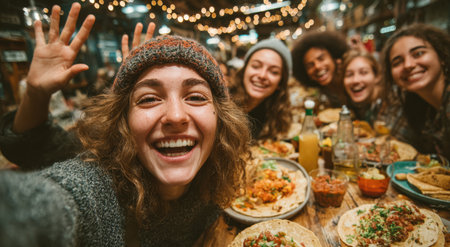 Happy young women are gathered around a table filled with delicious food, sharing laughter and smiles in a cozy, festive atmosphere, celebrating togetherness and joyの素材