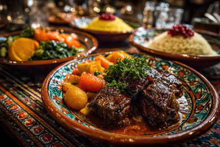 Traditional dishes with spiced meat, vibrant vegetables, and aromatic rice on decorative plates, highlighting rich culinary heritage and inviting dining atmosphereの素材