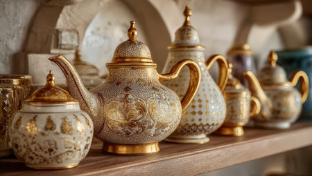 Decorative ceramic teapots and jars with gold accents are arranged on a wooden shelf, highlighting their intricate designs and cultural significance in a warm ambianceの素材