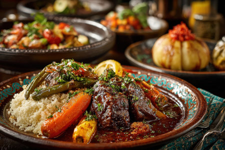 A beautifully arranged lamb dish featuring vibrant vegetables and couscous, garnished with aromatic herbs, creating an inviting and appetizing dining experienceの素材