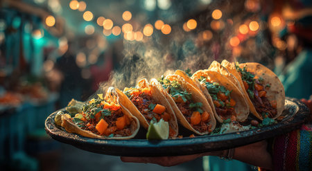 Freshly prepared tacos on a decorative plate, featuring vibrant toppings, served in a lively market setting, highlighting culinary artistry and cultural experienceの素材