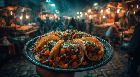 Plate of flavorful tacos with meat and toppings, held in hand, set against a lively street market scene, capturing the essence of culinary tradition and vibrant ambianceの素材