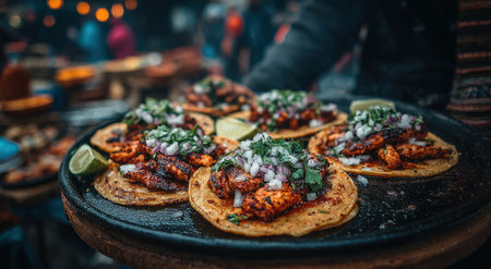 Tacos filled with grilled chicken, onions, and cilantro on a rustic platter, surrounded by a lively outdoor market atmosphere, highlighting culinary delights and vibrant colorsの素材