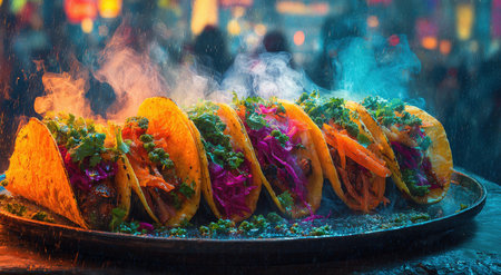 Vibrant tacos filled with fresh ingredients, garnished with herbs and spices, served on a sizzling platter, showcasing a delicious culinary experience in a lively settingの素材