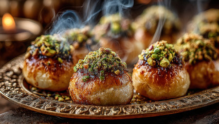 Exquisite dessert showcases golden pastries adorned with crushed pistachios, elegantly arranged on a decorative platter, creating a warm and inviting atmosphereの素材