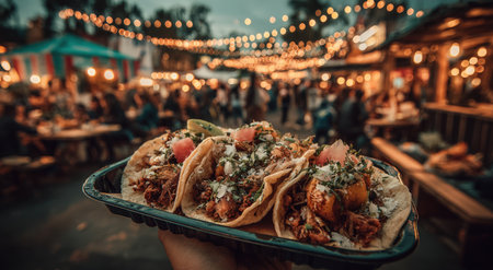 Hand holding a plate of delicious tacos filled with fresh ingredients, set against a bustling outdoor market with glowing string lights creating a warm ambianceの素材