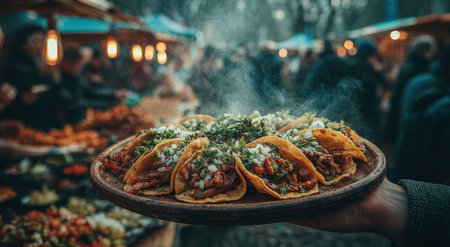 Tacos presented on a wooden platter, topped with herbs and onions, in a lively outdoor market setting, showcasing the vibrant food culture and community spiritの素材