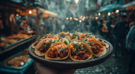 A hand holds a plate of delicious tacos filled with various ingredients, set against a lively market backdrop, highlighting the essence of street food cultureの素材