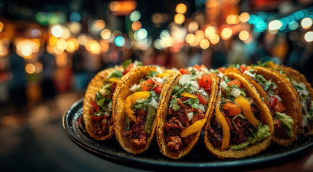 Delicious tacos filled with savory meat, fresh vegetables, and toppings, presented on a black plate, in a lively street food market atmosphere with bright lightsの素材