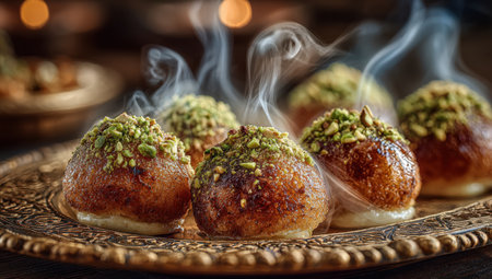 Sweet pastries adorned with crushed pistachios, arranged on an ornate plate, releasing warm steam and inviting aromas, ideal for festive occasions and culinary enjoymentの素材