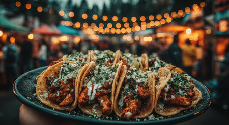 Plate of flavorful tacos garnished with cilantro and sauce, held at lively outdoor food market, illuminated by string lights and filled with people enjoying the atmosphereの素材
