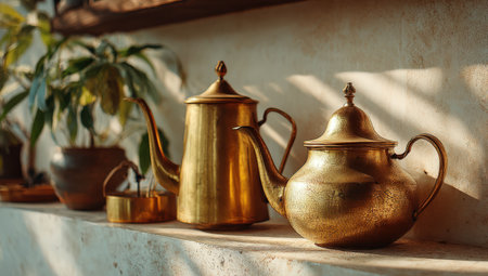 Brass teapots and kettle displayed on rustic shelf, illuminated by soft natural light, creating a warm and inviting atmosphere in a cozy environmentの素材