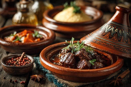 Moroccan tagine dish presented in decorative clay pot, showcasing tender meat garnished with herbs, surrounded by spices and side dishes on rustic wooden tableの素材