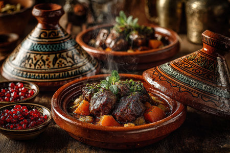 Moroccan tagine dish features tender meat and vegetables in decorative clay pots, garnished with fresh herbs, creating an inviting and aromatic dining experienceの素材