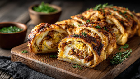 Baked pastry dish with layers of meat and eggs, garnished with herbs, displayed on wooden board, accompanied by bowls of green sauce, perfect for culinary delightの素材