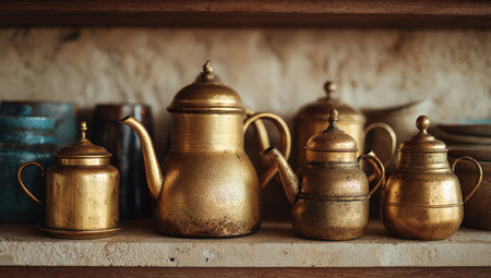 Vintage brass teapots and containers are beautifully arranged on a wooden shelf, highlighting their intricate designs and textures, creating a cozy and inviting ambianceの素材
