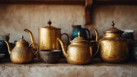 Collection of vintage golden teapots and bowls displayed on rustic wooden shelf, highlighting intricate designs and textures in a warm, inviting settingの素材