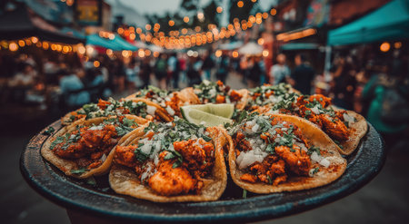 Tacos on a black plate, topped with cilantro and lime, showcased in a bustling outdoor market filled with colorful lights and joyful crowds creating a festive ambianceの素材