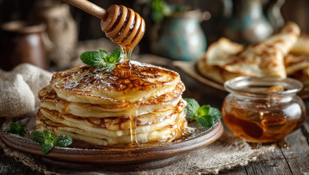 Fluffy pancakes topped with honey and mint leaves, arranged on rustic wooden table, accompanied by honey jar and vintage utensils, creating a warm culinary atmosphereの素材