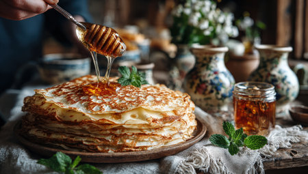 Golden pancakes topped with honey and fresh mint leaves, arranged on a rustic table with floral decorations, creating a warm and inviting breakfast atmosphereの素材