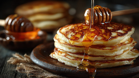 Golden pancakes are beautifully stacked and drizzled with honey on a rustic wooden plate, creating a warm and inviting breakfast scene with a cozy ambianceの素材