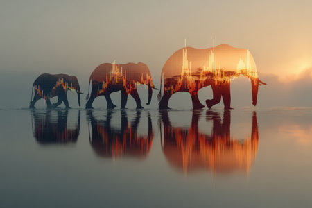 Elephants traverse a tranquil environment, their forms enhanced by colorful data graphics, symbolizing the blend of nature and modern technology in a captivating sceneの素材