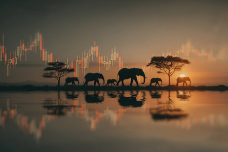 Elephants are silhouetted against a stunning sunset, walking by a calm water body, with stock market graphs artistically integrated, representing nature and finance togetherの素材