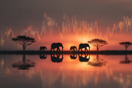 Elephants are silhouetted against a stunning sunset by a river, with reflections in the water and an overlay of abstract financial data, merging nature and business themesの素材