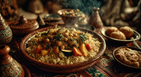 Moroccan couscous dish with colorful vegetables and chickpeas, beautifully arranged in a bowl on a patterned tablecloth, creating a warm and inviting atmosphereの素材