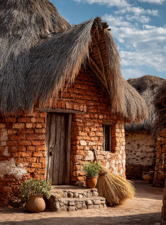 Adobe house with thatched roof and wooden door, surrounded by greenery and rustic elements, reflecting traditional craftsmanship and cultural heritageの素材