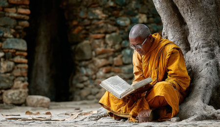 Monk in orange robes sits peacefully under tree, reading ancient book, with rustic stone walls in background, creating a tranquil and contemplative environmentの素材