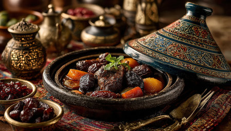 Moroccan tagine dish showcases succulent meat and colorful vegetables, served in a beautifully crafted ceramic pot, surrounded by rich textures and warm ambianceの素材