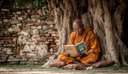 Monk in vibrant orange robes is seated under a majestic tree, deeply engaged in reading a book, surrounded by lush greenery and a calm atmosphereの素材