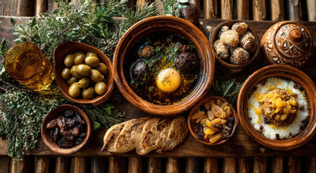 Traditional meal spread includes olives, bread, dried fruits, and a rich egg dish on a rustic wooden table, surrounded by herbs and decorative potteryの素材