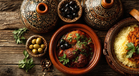 A traditional meal showcasing tender meat in savory sauce, garnished with herbs, accompanied by aromatic rice and olives in decorative ceramic bowlsの素材