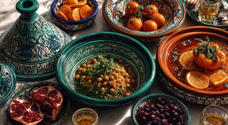 Moroccan dishes arranged on an ornate table, showcasing couscous, fresh fruits, and spices, highlighting the vibrant colors and textures of traditional cuisineの素材