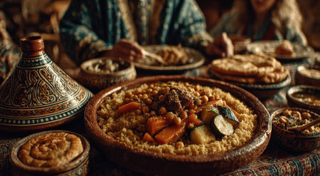 Moroccan cuisine displayed with a vibrant dish of couscous and vegetables, surrounded by side dishes and decorative pottery, showcasing cultural heritage and culinary artistryの素材