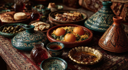 Traditional Moroccan dishes are beautifully arranged on a decorative table, showcasing tagines, olives, and bread, evoking a warm and inviting dining experienceの素材