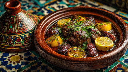 Moroccan cuisine showcases a vibrant dish with succulent meat, dates, and lemon, served in a traditional tagine, enhancing the cultural dining experienceの素材
